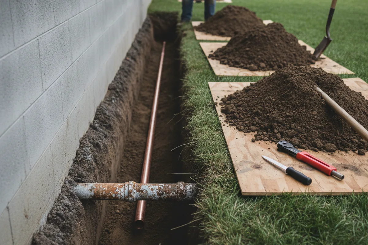 Excavated water line trench during Water Softener Installation in Elmwood Park